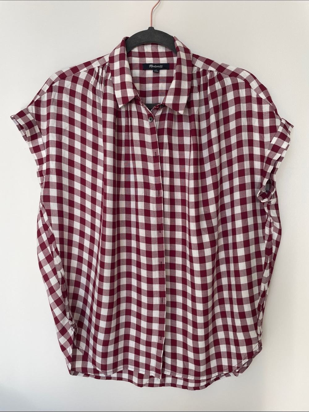 Madewell Burgundy & White Gingham Short Sleeve Button-Down